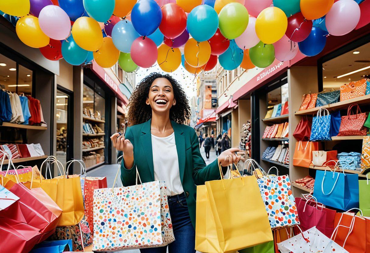 A vibrant shopping scene showcasing a cheerful shopper surrounded by colorful shopping bags and joyful expressions from store employees. Incorporate a bright, sunny atmosphere with decorative elements like balloons and confetti, emphasizing positive energy. Include diverse shoppers to represent inclusivity and happiness in the act of shopping. super-realistic. vibrant colors. sunny background.