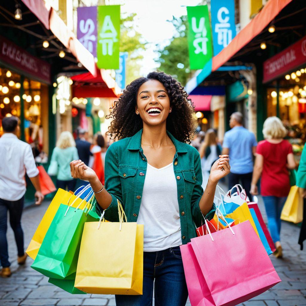 A joyful person surrounded by colorful discount tags, smiling while holding shopping bags filled with goods. In the background, a vibrant marketplace showcasing various products with 'Discount' signs prominently displayed. Soft sunlight filters through lush green trees, creating a warm, inviting atmosphere. The overall mood is one of excitement and happiness, inviting viewers to explore savings. super-realistic. vibrant colors. bright atmosphere.